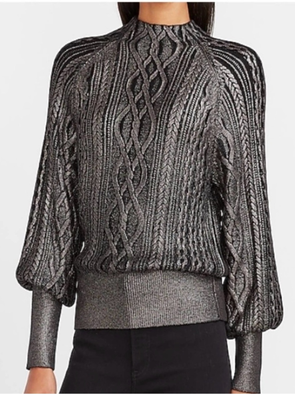 Express Metallic Charcoal Cable-Knit Balloon Sleeve Sweater